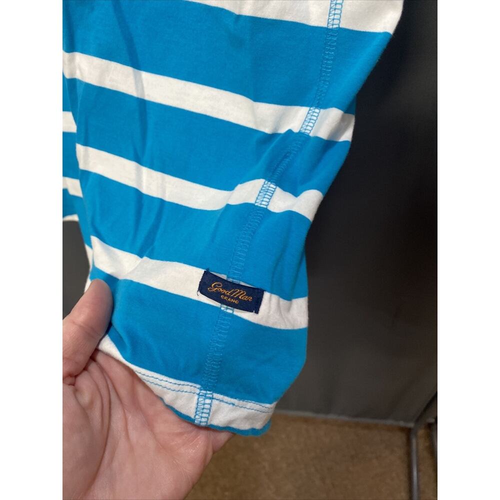 GoodMan Brand Stripe Shirt Short Sleeve Single Pocket Turquoise White XXL (b32)